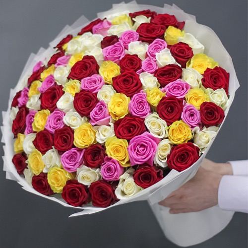100 Mixed Roses Bouquet – Red, Pink, White & Yellow Elegance - Rawadat Alward