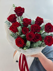15 stem of deep red roses with baby eucalyptus a classic bouquet by Rawadat alward - Rawadat Alward