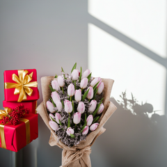Pink Tulip Bouquet with Burlap Wrap