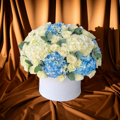 Elegant Blue and White Hydrangea and Rose Arrangement