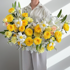 Yellow and White Floral Bouquet with Roses and Lilies