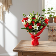 Red Rose and White Lily Bouquet