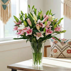 Elegant Pink and White Lily Bouquet in Glass Vase