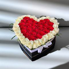 Heart-Shaped Red and White Rose Box