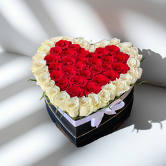 Heart-Shaped Red and White Rose Box