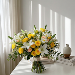 Yellow Rose and White Lily Bouquet