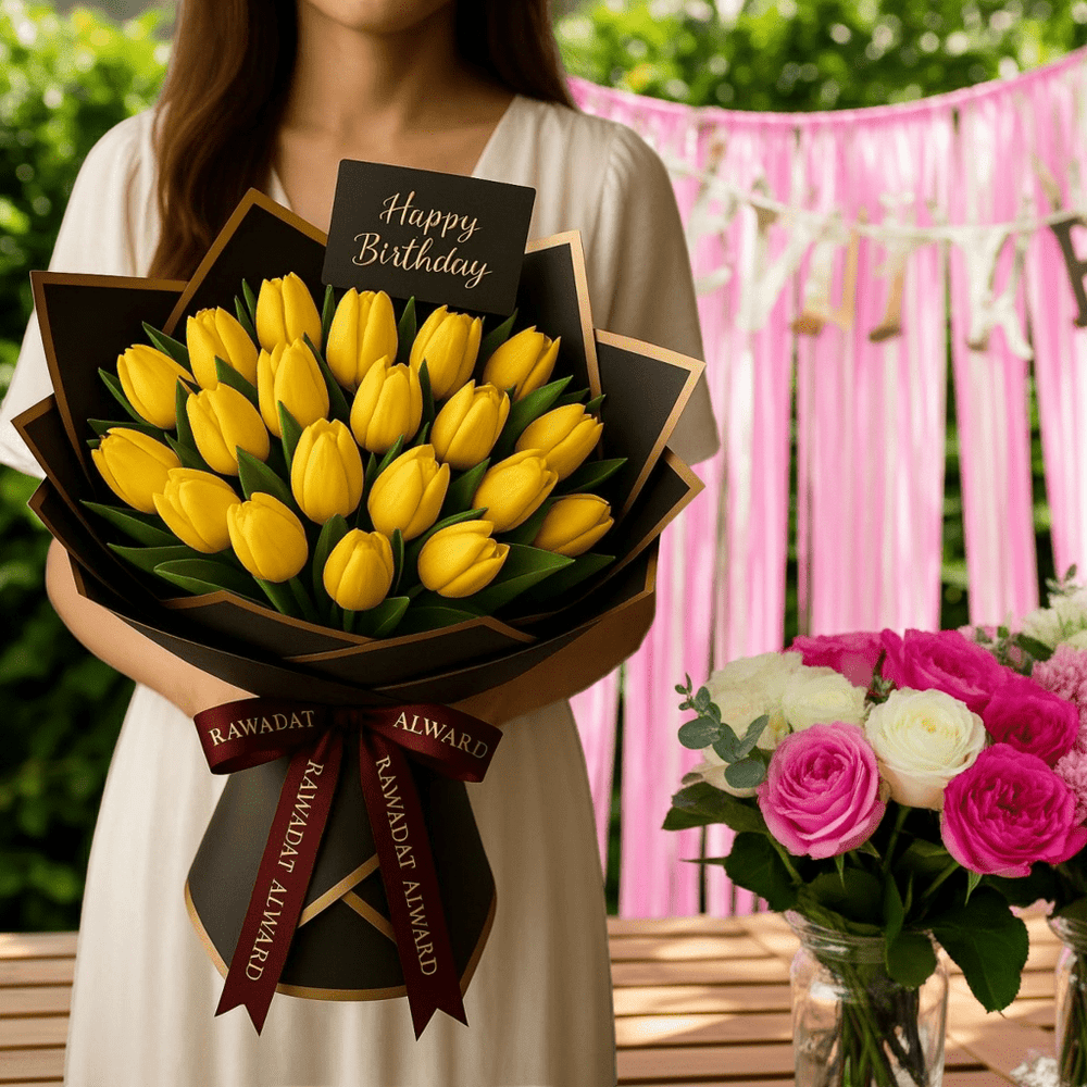 Bliss Bouquet: Golden Tulip Delight - Rawadat Al Ward