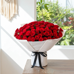 Luxury Red Rose Bouquet in White Paper Wrap - Premium Floral Gift
