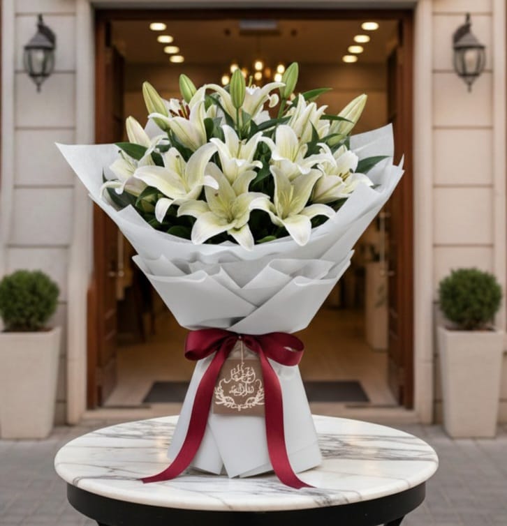 Elegant White Lily Hand - Tied Bouquet - Rawadat Alward