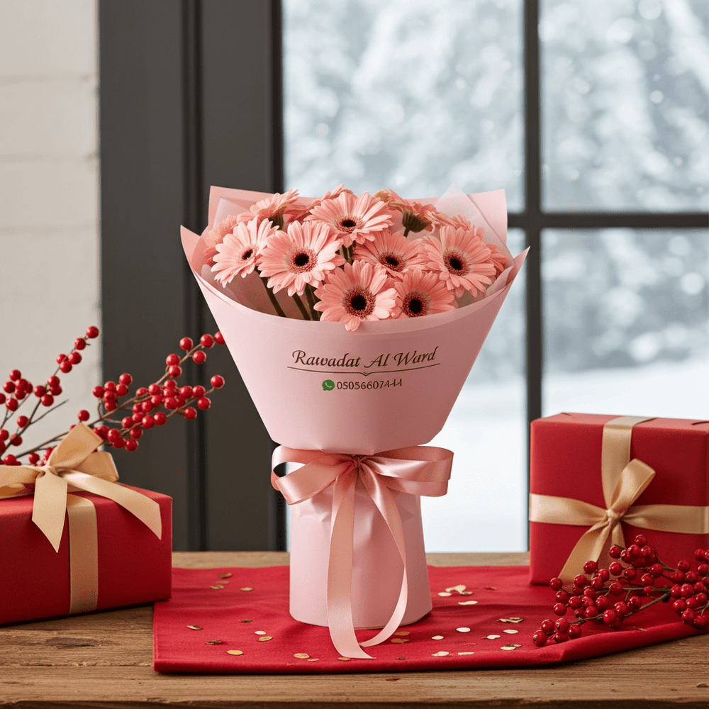 Fresh Floral Bouquet of Peach Gerbera - Rawadat Al Ward