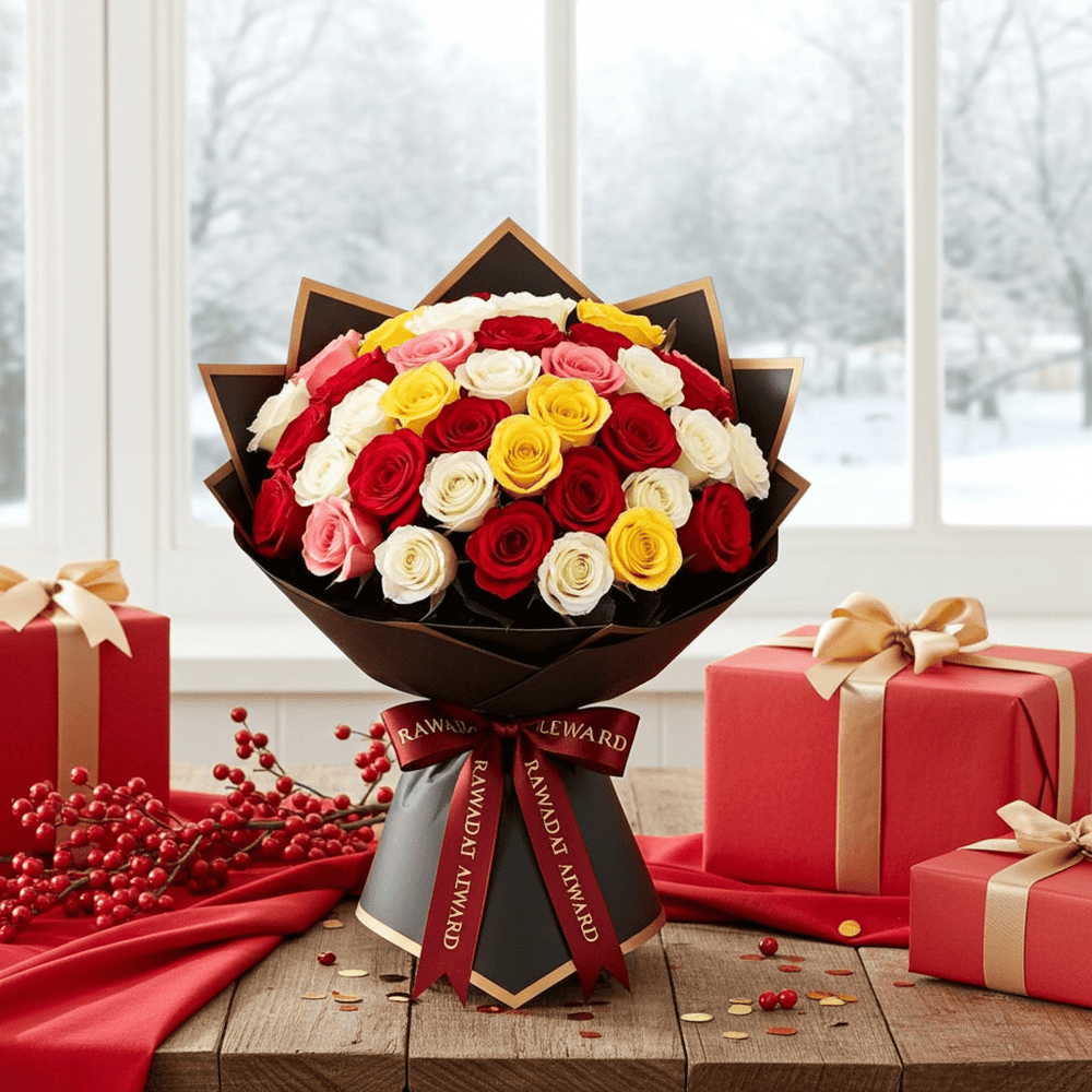 Luxury Mixed Rose Bouquet with Red, Yellow, and Pink Roses - Rawadat Al Ward