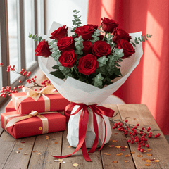 Luxury Red Rose Bouquet with Eucalyptus - Rawadat Al Ward