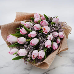 Pink Tulip Bouquet with Burlap Wrap - Rawadat Al Ward