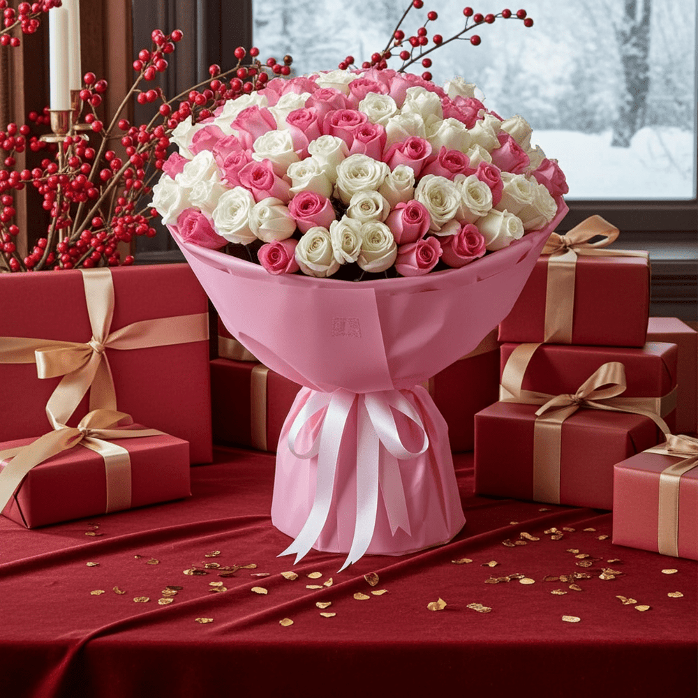 Pink & White Rose Bouquet Delight - Rawadat Al Ward