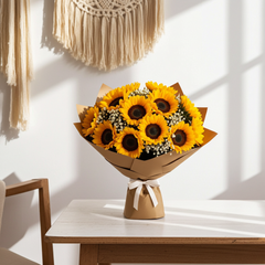 Sunflower Bouquet with Baby’s Breath and Brown Paper Wrap