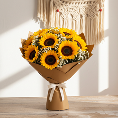 Sunflower Bouquet with Baby’s Breath and Brown Paper Wrap