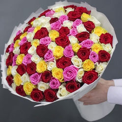100 Mixed Roses Bouquet – Red, Pink, White & Yellow Elegance - Rawadat Alward