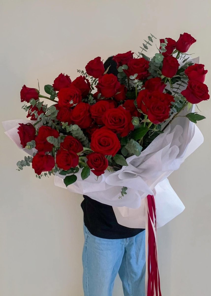 30 Deep Red Roses And Baby Eucalyptus Bouquet – Classic Love by Rawadat Alward - Rawadat Alward