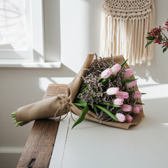 Pink Tulip Bouquet with Burlap Wrap