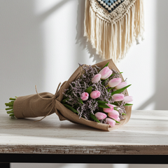 Pink Tulip Bouquet with Burlap Wrap