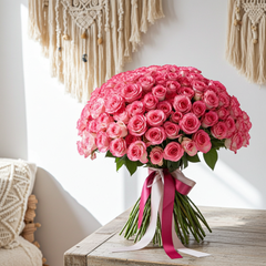 Luxury Pink Rose Bouquet with Ribbon