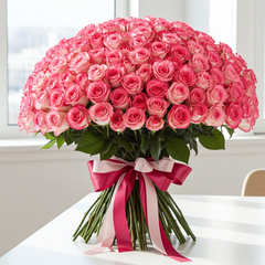 Luxury Pink Rose Bouquet with Ribbon