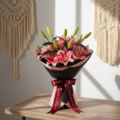 Pink Lily Bouquet with Ribbon Wrap