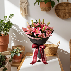 Pink Lily Bouquet with Ribbon Wrap