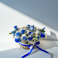 Blue and White Rose Basket with Baby’s Breath
