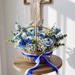 Blue and White Rose Basket with Baby’s Breath