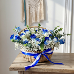 Blue and White Rose Basket with Baby’s Breath