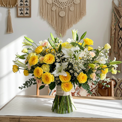 Yellow and White Floral Bouquet with Roses and Lilies
