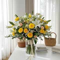 Yellow and White Floral Bouquet with Roses and Lilies