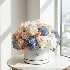 Luxury White Roses, Hydrangeas, and Orchids in Elegant Hat Box