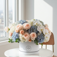 Luxury White Roses, Hydrangeas, and Orchids in Elegant Hat Box