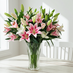 Elegant Pink and White Lily Bouquet in Glass Vase