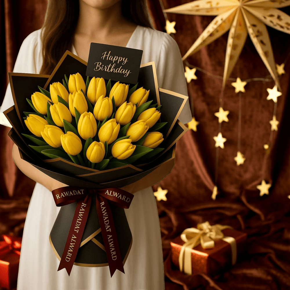 Bliss Bouquet: Golden Tulip Delight - Rawadat Al Ward