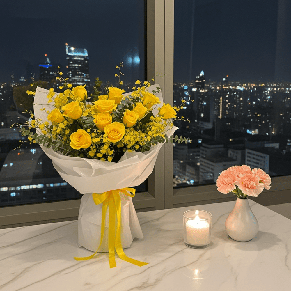 Bright Yellow Rose Arrangement - Rawadat Al Ward