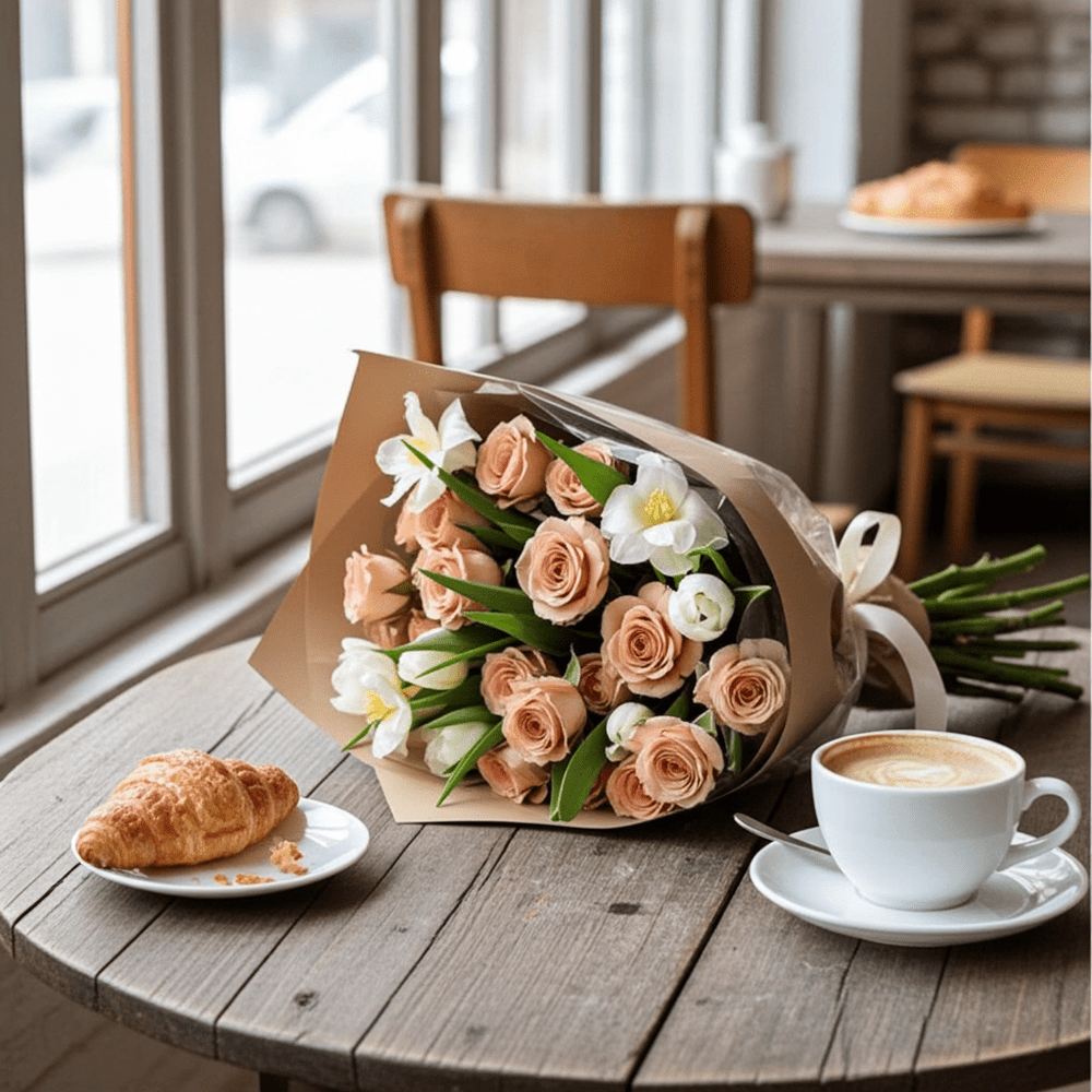 Brown Rose and White Flower Bouquet - Rawadat Al Ward