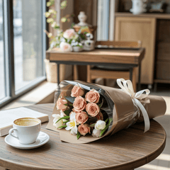 Brown Rose and White Flower Bouquet - Rawadat Al Ward