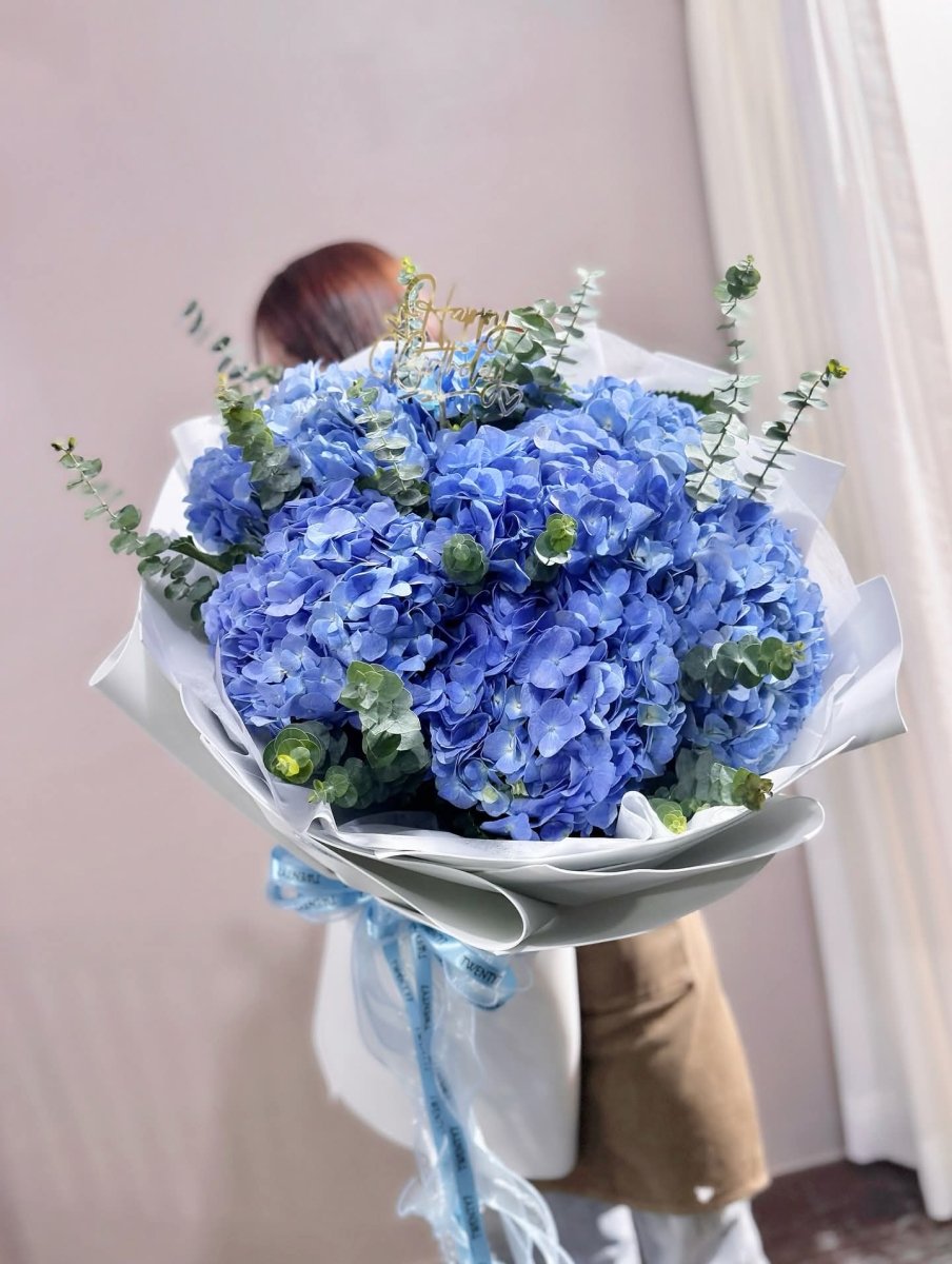 Elegant Blue Hydrangea Bouquet with Eucalyptus - Rawadat Al Ward