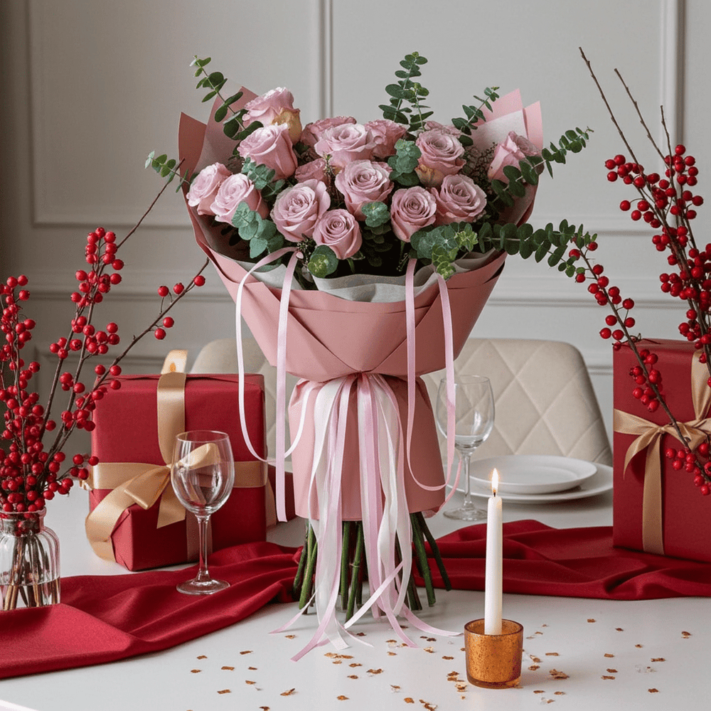 Elegant Purple Rose Bouquet with Eucalyptus - Rawadat Al Ward