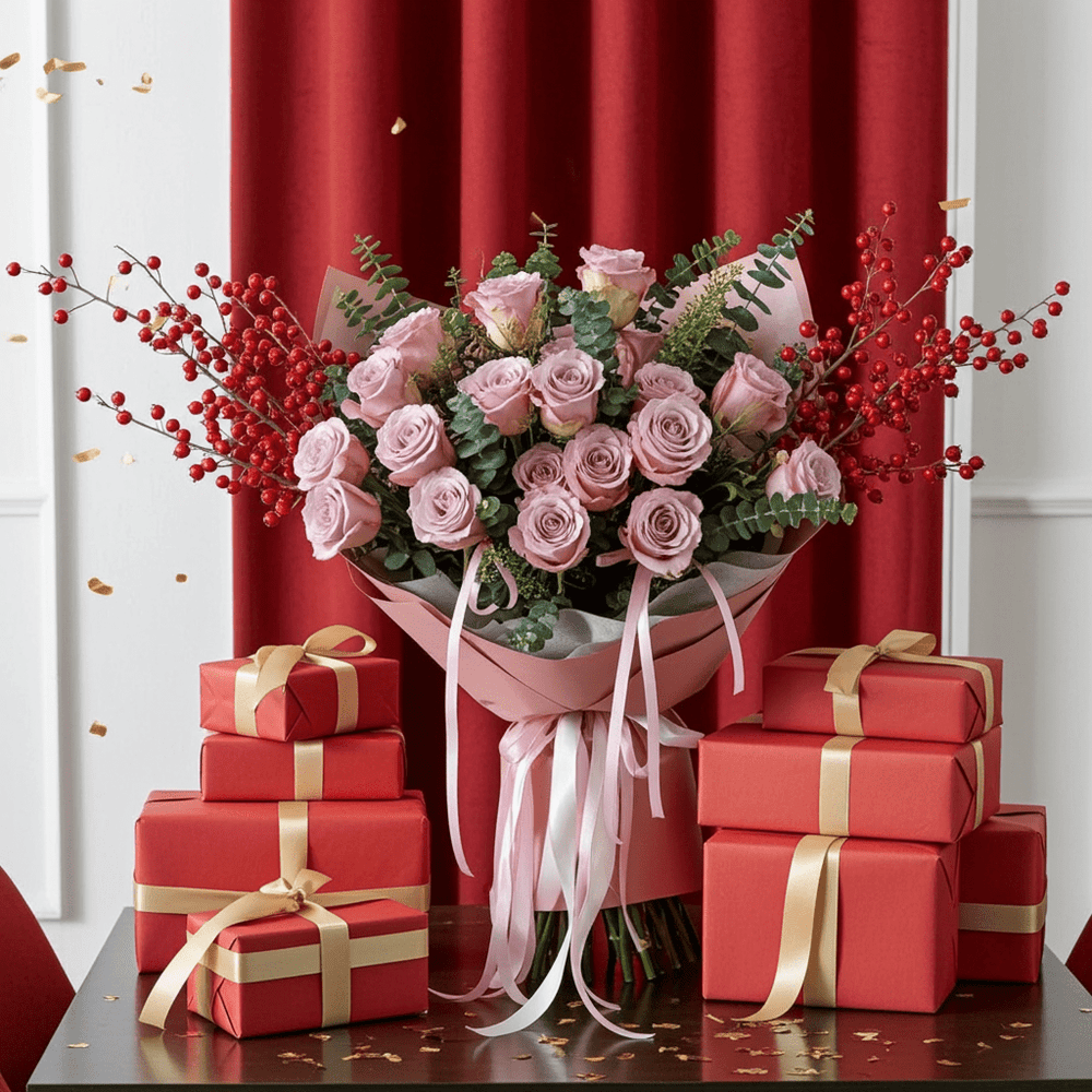 Elegant Purple Rose Bouquet with Eucalyptus - Rawadat Al Ward