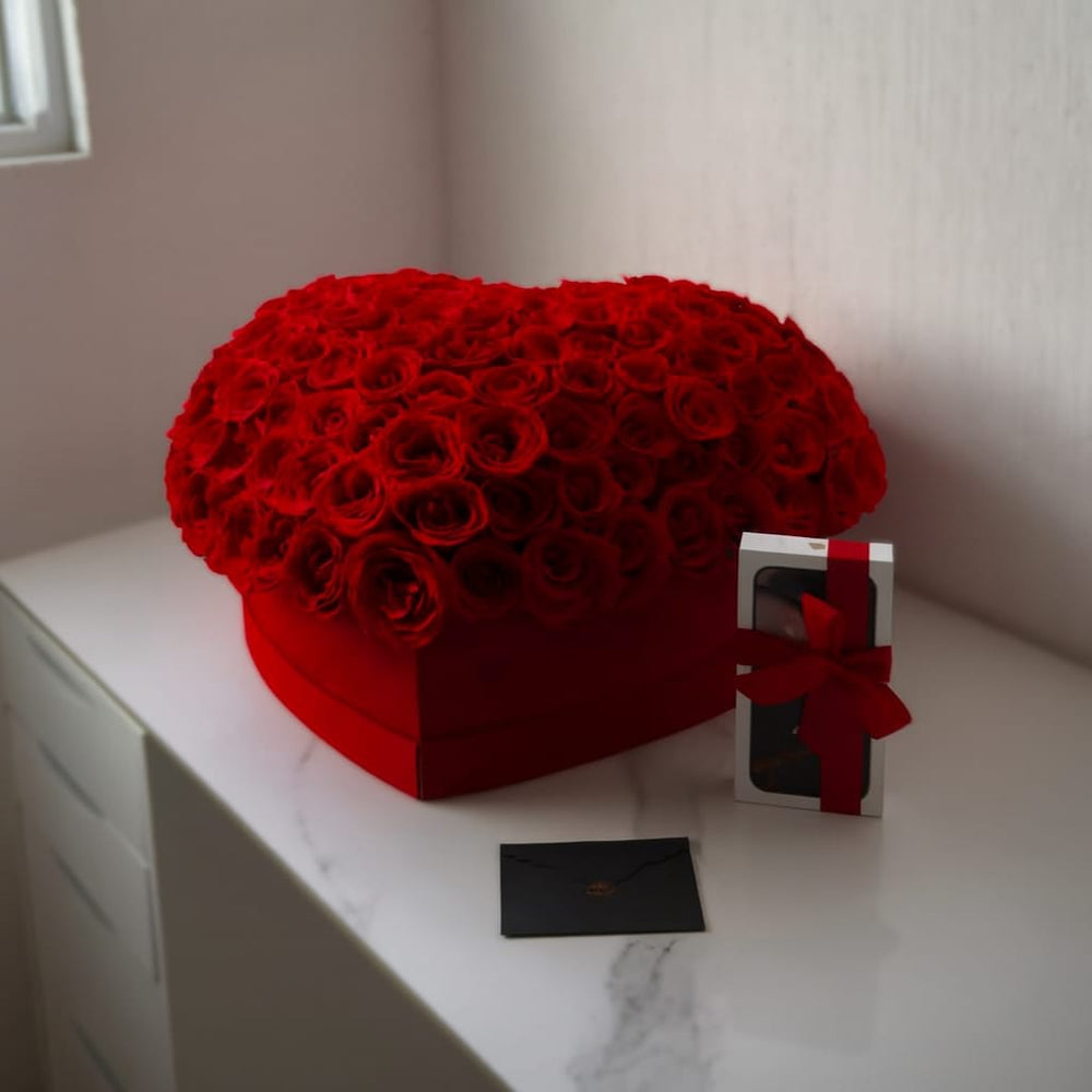 Elegant Red Rose Heart Box with Gift - Rawadat Al Ward