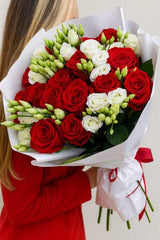 Elegant Red Roses & White Lisianthus Bouquet - Rawadat Alward