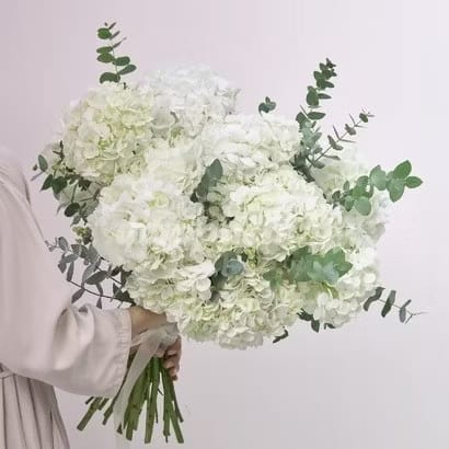 Elegant White Hydrangea Bouquet with Eucalyptus - Rawadat Al Ward