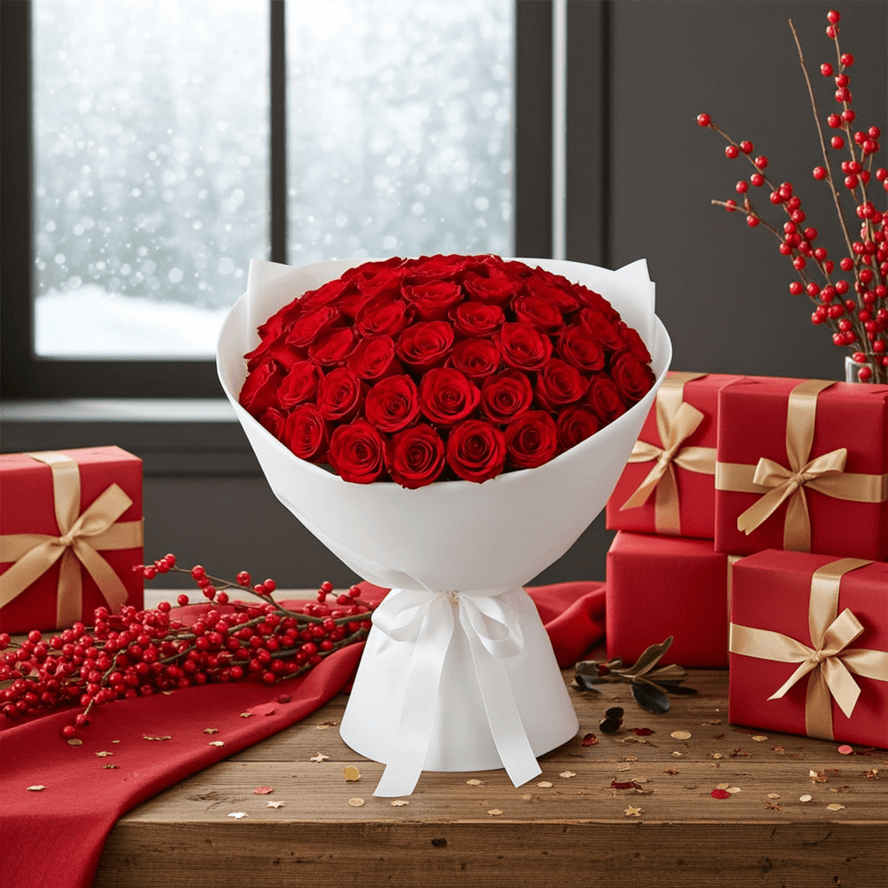 Extra Large Red Rose Bouquet with Satin Ribbons - Rawadat Al Ward
