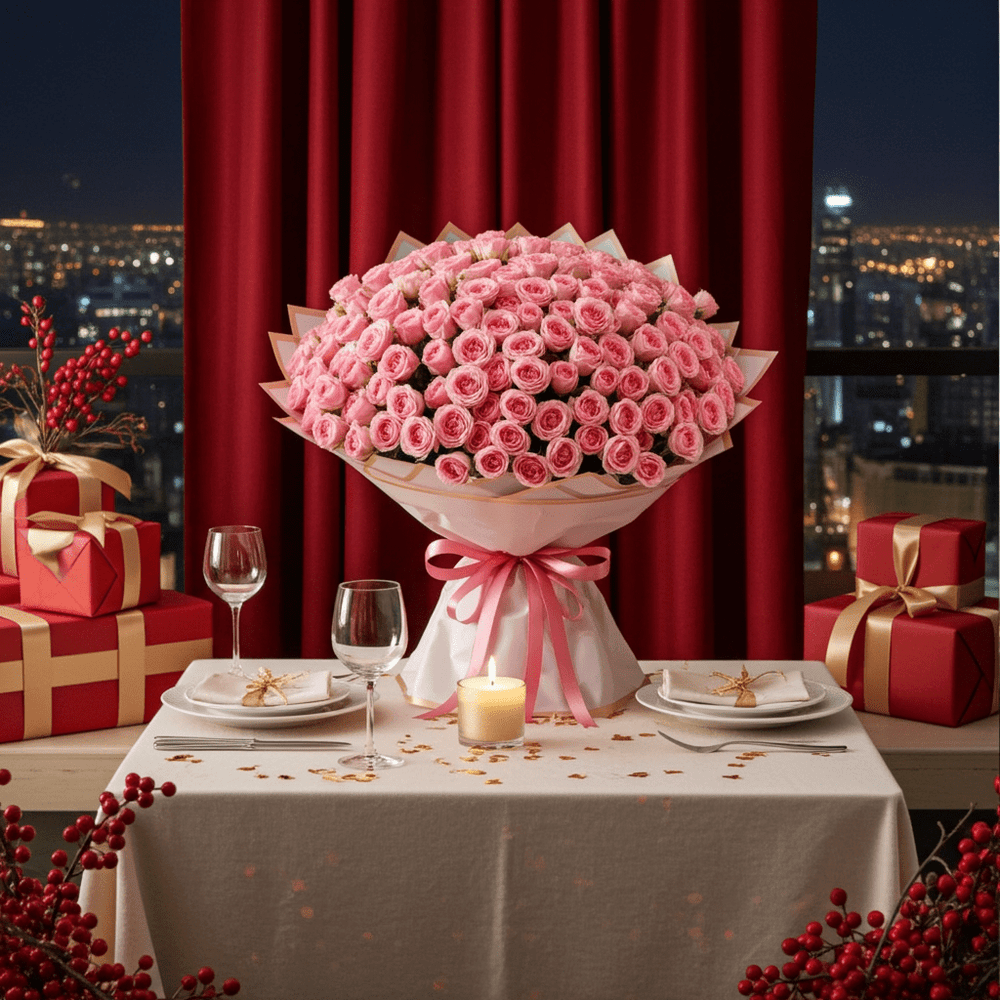 Large Pink Roses Bouquet with Premium Gold Paper Wrapping - Rawadat Al Ward
