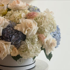Luxury Floral Arrangement with White Roses, Hydrangeas, and Orchids in Elegant Hat Box - Rawadat Al Ward