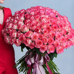 Luxury Pink Rose Bouquet with Ribbon - Rawadat Al Ward